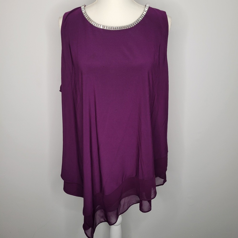 MSK Women's Sleeveless Top 3X Embellished Asymmetrical Hem Plus Sized Layer